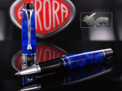 Aurora Rollerball<Optima - Auroloide Blue w/ Chrome Rollerball Pen - AU-975CBA by Blue and Silver Auroloide
