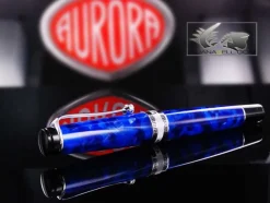 Aurora Rollerball<Optima - Auroloide Blue w/ Chrome Rollerball Pen - AU-975CBA by Blue and Silver Auroloide